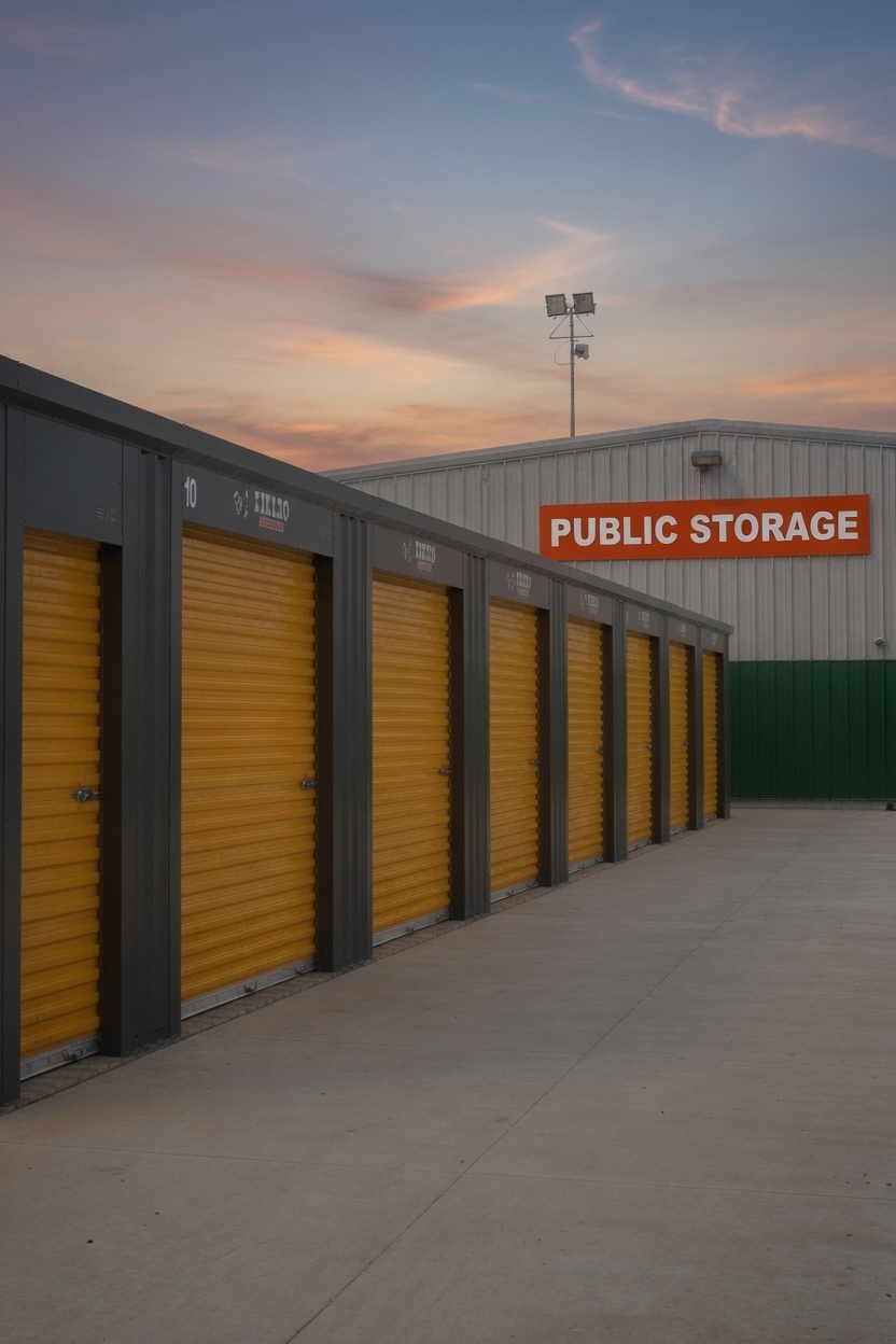 Storage facility exterior at dusk